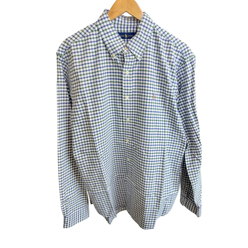 Ralph Lauren Oxford Button Down Mens XL Plaid Shirt Green Blue White Preppy